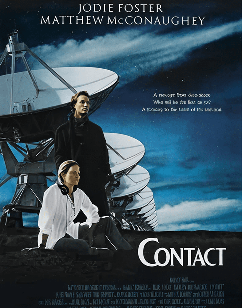 Movie poster with two people and telescope