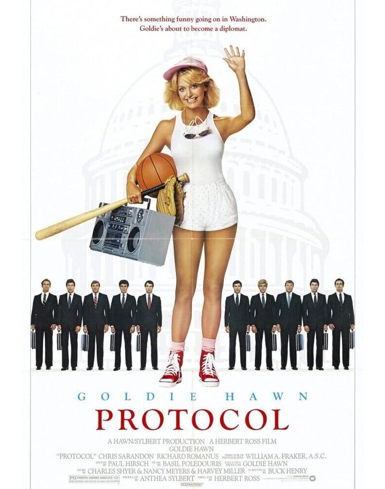 A woman holding a boombox and bat, standing confidently before suited men.